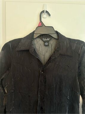Rafaella Black Crinkled Sheer Button-Up Blouse